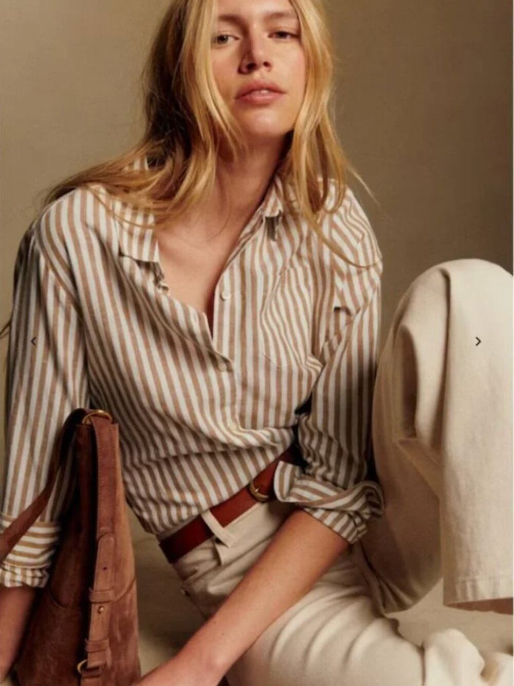 Sezane Brown and White Striped Button Down Tomboy Shirt